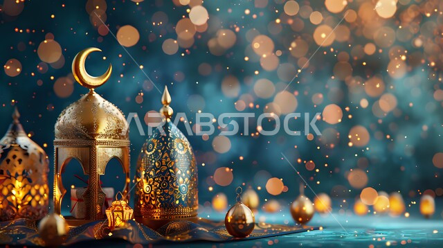 مجسم هلال و فوانيس عربية تقليدية معدنية، إضاءة وزينة رمضان المبارك، تحف متميزة ثلاثية الأبعاد، الإحتفال بقدوم شهر الخير، ديكورات وأنوار للاحتفال بالأجواء الروحانية، المناسبات والأعياد الدينية الإسلامية