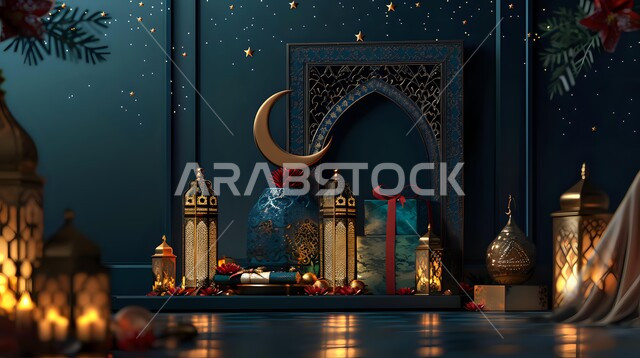 مجسم هلال و فوانيس عربية تقليدية معدنية، إضاءة وزينة رمضان المبارك، تحف متميزة ثلاثية الأبعاد، الإحتفال بقدوم شهر الخير، ديكورات وأنوار للاحتفال بالأجواء الروحانية، المناسبات والأعياد الدينية الإسلامية