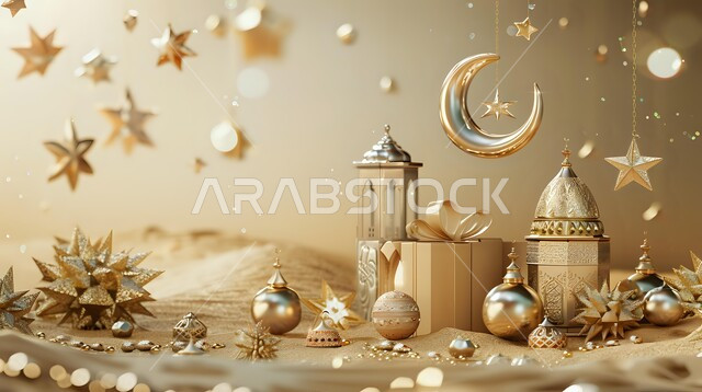 ديكورات وأنوار للاحتفال بالأجواء الروحانية، مجسمات هلال و فوانيس عربية تقليدية معدنية، إضاءة وزينة رمضان المبارك، تحف متميزة ثلاثية الأبعاد، الإحتفال بقدوم شهر الخير، المناسبات والأعياد الدينية الإسلامية