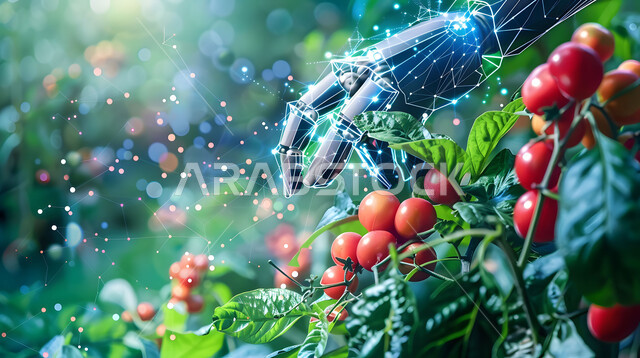 استخدام الوسائل والمعدات والتقنيات الحديثة لتحسين الانتاج الزراعي، صورة مقربة ليد روبوت يقوم بالعناية والاهتمام بالنبات بالطرق الحديثة، النباتات الزراعية الخضراء المورقة في المحميات الطبيعية في مزارع المملكة العربية السعودية، مفهوم نظم الزراعة الذكية