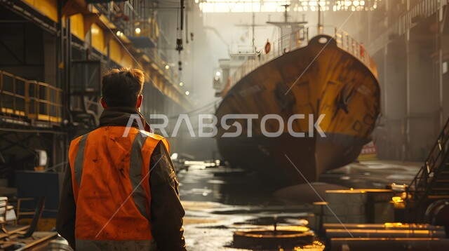 مهن و وظائف هندسية , صناعة وسائل النقل الحديثة في السعودية , متابعة سير الأعمال في المصانع والمعامل , صورة مقربة من الخلف لمهندس عربي خليجي سعودي يرتدي سترة الحماية يقوم بالإشراف على مصنع السفن , التصنيع و التدقيق في العمل