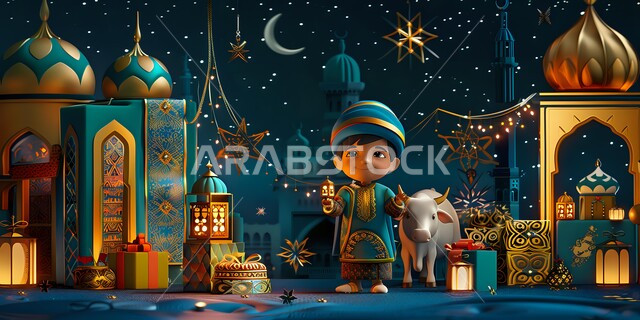 ديكورات وأنوار للاحتفال بالأجواء الروحانية، مجسم لولد صغير يحمل بيده فانوس معدني تقليدي، إضاءة وزينة رمضان المبارك، تحف متميزة ثلاثية الأبعاد، الإحتفال بقدوم شهر الخير، المناسبات والأعياد الدينية الإسلامية