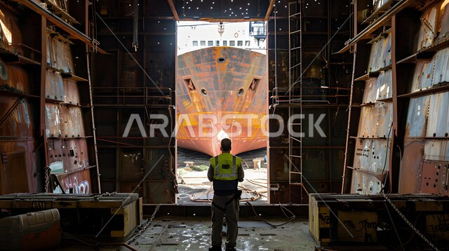 العمل في القطاع الهندسي , صناعة وسائل النقل الحديثة في السعودية , متابعة سير الأعمال في المصانع والمعامل , صورة من الخلف لمهندس عربي خليجي سعودي يرتدي سترة الحماية يقوم بالإشراف على مصنع السفن , التصنيع و التدقيق في العمل