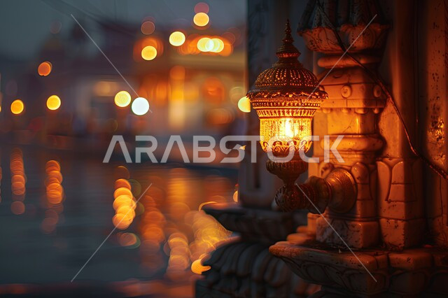 الزينة والاكسسوارات العربية والفن الإسلامي، تحف اسلامية تقليدية للاحتفال بقدوم شهر الخير، فانوس معدني مزخرف مضيء، أنوار وديكورات في الأجواء الرمضانية الروحانية