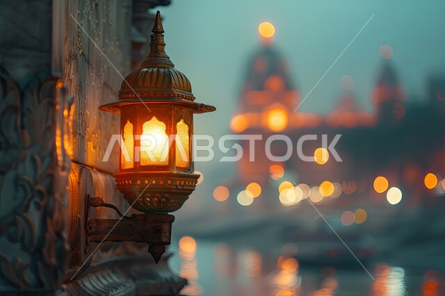 الزينة والاكسسوارات العربية والفن الإسلامي، تحف اسلامية تقليدية للاحتفال بقدوم شهر الخير، فانوس معدني مزخرف مضيء، أنوار وديكورات في الأجواء الرمضانية الروحانية