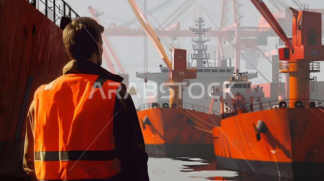 متابعة سير الأعمال في المصانع والمعامل , صورة من الخلف لمهندس عربي خليجي سعودي يرتدي سترة الحماية يقوم بالإشراف على مصنع السفن , التصنيع و التدقيق في العمل , مهن و وظائف في السعودية