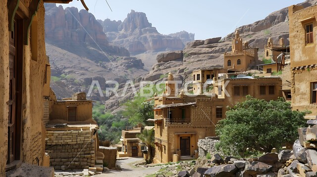 Architectural engineering of popular buildings, interest in planting palm trees in old heritage villages, houses built in the old mud style, popular villages and residential neighborhoods in the Kingdom of Saudi Arabia