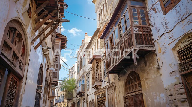 الرواشين القديمه في المدينة التاريخية في جدة بتصميم معماري عربي و إسلامي قديم، البيوت الأثرية في البلد التاريخي في جدة, أماكن سياحية تراثية شعبية في المملكة العربية السعودية، المعالم التاريخية في حي البلد