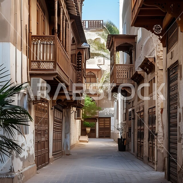 Old windows in the historic city of Jeddah with an old Arab and Islamic architectural design, historic houses in the historic city of Jeddah, popular heritage tourist places in the Kingdom of Saudi Arabia, historical landmarks in the Al-Balad district