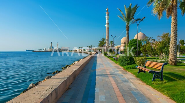  الواجهة البحرية للبحر الاحمر في السعودية، منظر المنطقة الساحلية في النهار، زراعة أشجار النخيل والنباتات الخضراء في المدن السياحية, معالم وأماكن السياحة المشهورة، مناطق عائليه ترفيهيه على كورنيش جدة