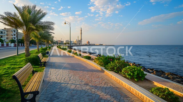  الواجهة البحرية للبحر الاحمر في السعودية، منظر المنطقة الساحلية في النهار، زراعة أشجار النخيل والنباتات الخضراء في المدن السياحية, معالم وأماكن السياحة المشهورة، مناطق عائليه ترفيهيه على كورنيش جدة