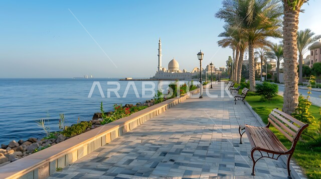  الواجهة البحرية للبحر الاحمر في السعودية، منظر المنطقة الساحلية في النهار، زراعة أشجار النخيل والنباتات الخضراء في المدن السياحية, معالم وأماكن السياحة المشهورة، مناطق عائليه ترفيهيه على كورنيش جدة