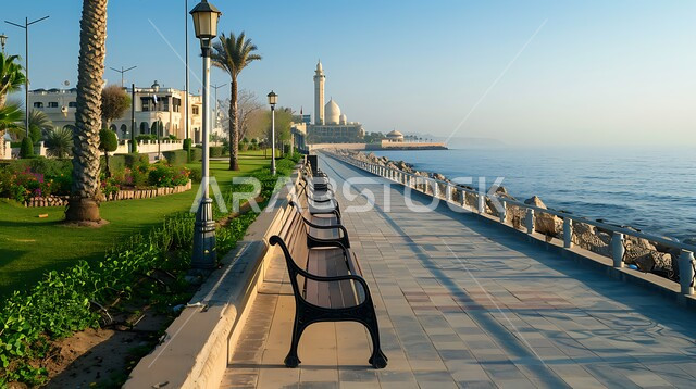  الواجهة البحرية للبحر الاحمر في السعودية، منظر المنطقة الساحلية في النهار، زراعة أشجار النخيل والنباتات الخضراء في المدن السياحية, معالم وأماكن السياحة المشهورة، مناطق عائليه ترفيهيه على كورنيش جدة