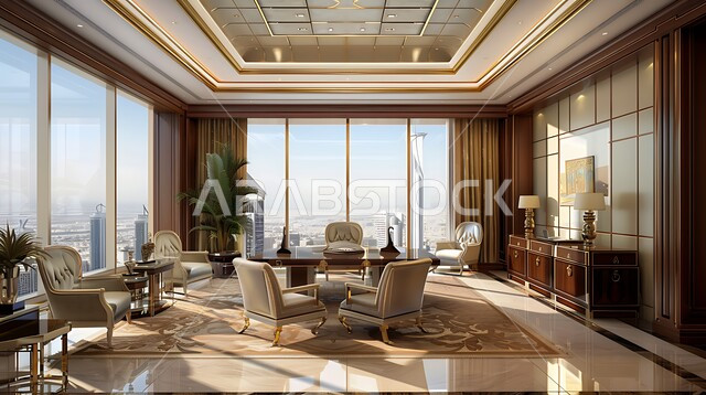  تصميم عصري حديث لمكاتب الشركات السعودية، غرفة أعمال واسعة مجهزة بالمعدات والأدوات، واجهة زجاجية مطلة على الأبراج وناطحات السحاب، الفن الهندسي المعماري المتطور، غرف عمل مكتبية بتصاميم وديكورات داخلية راقية