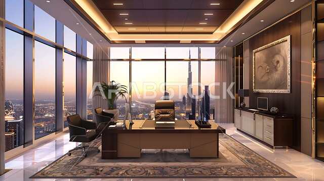  تصميم عصري حديث لمكاتب الشركات السعودية، غرفة أعمال واسعة مجهزة بالمعدات والأدوات، واجهة زجاجية مطلة على الأبراج وناطحات السحاب، الفن الهندسي المعماري المتطور، غرف عمل مكتبية بتصاميم وديكورات داخلية راقية