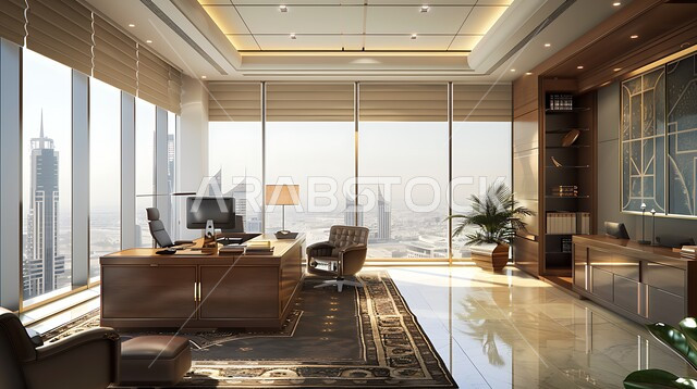 غرف عمل مكتبية بتصاميم وديكورات داخلية راقية، تصميم عصري حديث لمكاتب الشركات السعودية، غرفة أعمال واسعة مجهزة بالمعدات والأدوات، واجهة زجاجية مطلة على الأبراج وناطحات السحاب، الفن الهندسي المعماري المتطور