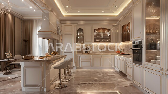 استخدام الرخام الفاخر لأثاث المطابخ، الأضواء والأنوار والأكسسوارات المنزلية، التصميم العصري للمطابخ الفاخرة في المملكة العربية السعودية، ديكور داخلي راقي لمطبخ أنيق، الفن الهندسي المعماري للفلل والشقق السكنية