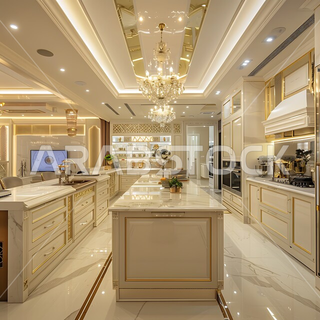 استخدام الرخام الفاخر لأثاث المطابخ، الأضواء والأنوار والأكسسوارات المنزلية، التصميم العصري للمطابخ الفاخرة في المملكة العربية السعودية، ديكور داخلي راقي لمطبخ أنيق، الفن الهندسي المعماري للفلل والشقق السكنية