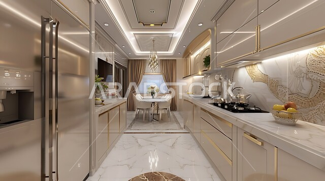 استخدام الرخام الفاخر لأثاث المطابخ، الأضواء والأنوار والأكسسوارات المنزلية، التصميم العصري للمطابخ الفاخرة في المملكة العربية السعودية، ديكور داخلي راقي لمطبخ أنيق، الفن الهندسي المعماري للفلل والشقق السكنية