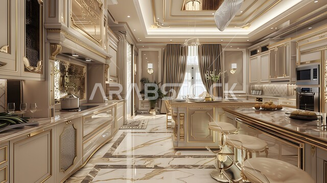 استخدام الرخام الفاخر لأثاث المطابخ، الأضواء والأنوار والأكسسوارات المنزلية، التصميم العصري للمطابخ الفاخرة في المملكة العربية السعودية، ديكور داخلي راقي لمطبخ أنيق، الفن الهندسي المعماري للفلل والشقق السكنية