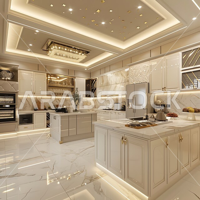 استخدام الرخام الفاخر لأثاث المطابخ، الأضواء والأنوار والأكسسوارات المنزلية، التصميم العصري للمطابخ الفاخرة في المملكة العربية السعودية، ديكور داخلي راقي لمطبخ أنيق، الفن الهندسي المعماري للفلل والشقق السكنية