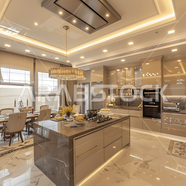 استخدام الرخام الفاخر لأثاث المطابخ، الأضواء والأنوار والأكسسوارات المنزلية، التصميم العصري للمطابخ الفاخرة في المملكة العربية السعودية، ديكور داخلي راقي لمطبخ أنيق، الفن الهندسي المعماري للفلل والشقق السكنية