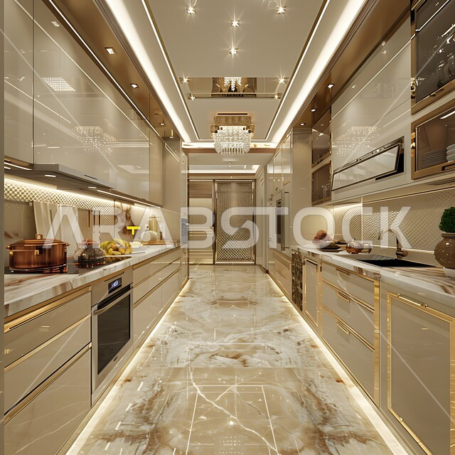 Elegant kitchen interior design, architectural engineering art for villas and residential apartments, use of luxury marble for kitchen furniture, lights and home accessories, modern design of luxury kitchens in Saudi Arabia