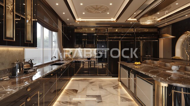 ديكور داخلي راقي لمطبخ أنيق، الفن الهندسي المعماري للفلل والشقق السكنية، استخدام الرخام الفاخر لأثاث المطابخ، الأضواء والأنوار والأكسسوارات المنزلية، التصميم العصري للمطابخ الفاخرة في المملكة العربية السعودية
