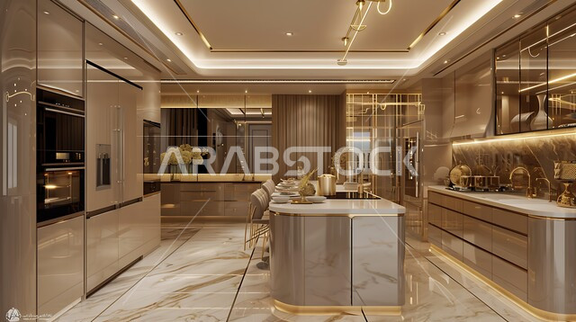 ديكور داخلي راقي لمطبخ أنيق، الفن الهندسي المعماري للفلل والشقق السكنية، استخدام الرخام الفاخر لأثاث المطابخ، الأضواء والأنوار والأكسسوارات المنزلية، التصميم العصري للمطابخ الفاخرة في المملكة العربية السعودية