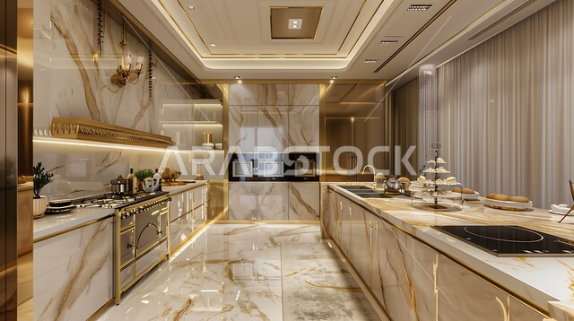 Elegant kitchen interior design, architectural engineering art for villas and residential apartments, use of luxury marble for kitchen furniture, lights and home accessories, modern design of luxury kitchens in Saudi Arabia