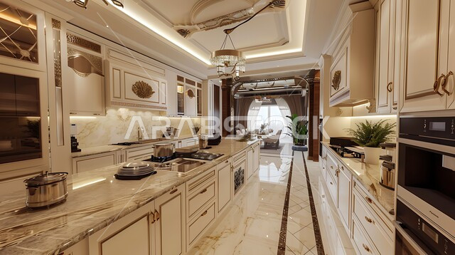 Elegant kitchen interior design, architectural engineering art for villas and residential apartments, use of luxury marble for kitchen furniture, lights and home accessories, modern design of luxury kitchens in Saudi Arabia