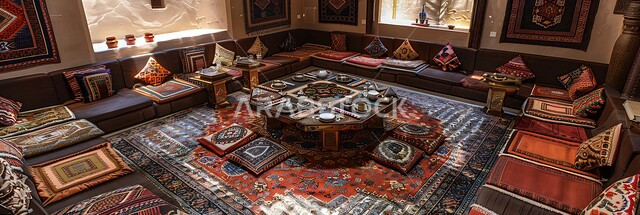 Hand-made embroidered textiles, colorful upholstery and cushions, traditional Bedouin majlis interior decoration, popular life in Saudi Arabia, Saudi heritage design, low wooden hospitality table