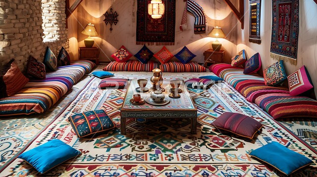Hand-made embroidered textiles, colorful upholstery and cushions, traditional Bedouin majlis interior decoration, popular life in Saudi Arabia, Saudi heritage design, low wooden hospitality table