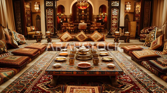 Hand-made embroidered textiles, colorful upholstery and cushions, traditional Bedouin majlis interior decoration, popular life in Saudi Arabia, Saudi heritage design, low wooden hospitality table