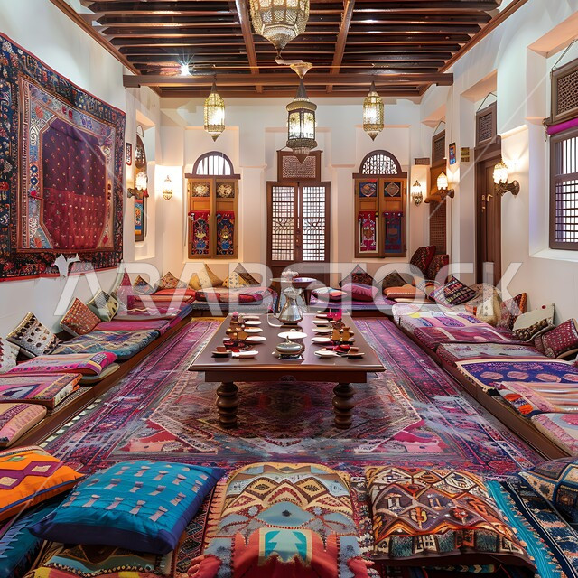 Hand-made embroidered textiles, colorful upholstery and cushions, traditional Bedouin majlis interior decoration, popular life in Saudi Arabia, Saudi heritage design, low wooden hospitality table