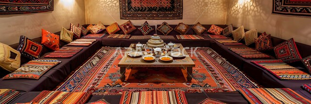 المنسوجات المطرزة المصنوعة بشكل يدوي, المفروشات والوسائد الملونة, الديكور الداخلي للمجالس البدوية التقليدية, الحياة الشعبية في المملكة العربية السعودية, التصميم التراثي السعودي، طاولة الضيافة الخشبية المنخفضة