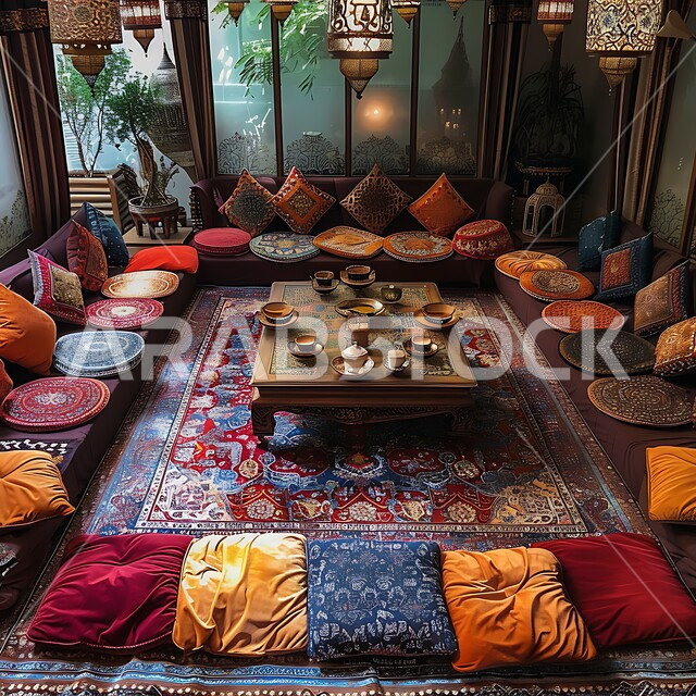 Hand-made embroidered textiles, colorful upholstery and cushions, traditional Bedouin majlis interior decoration, popular life in Saudi Arabia, Saudi heritage design, low wooden hospitality table