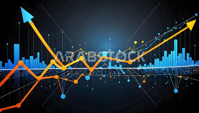 توضيح الرسوم البيانية الخاصة بصعود وهبوط البورصة العالمية، مخطط تجريدي ثلاثي الأبعاد بخطوط زرقاء وبرتقالية ووردية، استعمال الأجهزة التقنية الحديثة لمراقبة السوق الاقتصادية، دمج التكنولوجيا المتطورة مع العمل