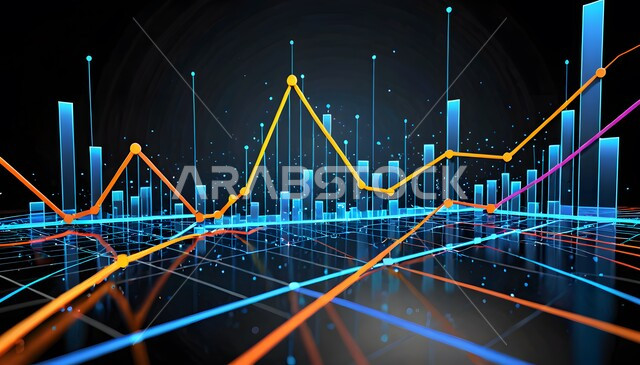 Integrating advanced technology with work, using modern technical devices to monitor the economic market, illustrating the rise and fall of the global stock market, a three-dimensional abstract chart with blue and orange lines.