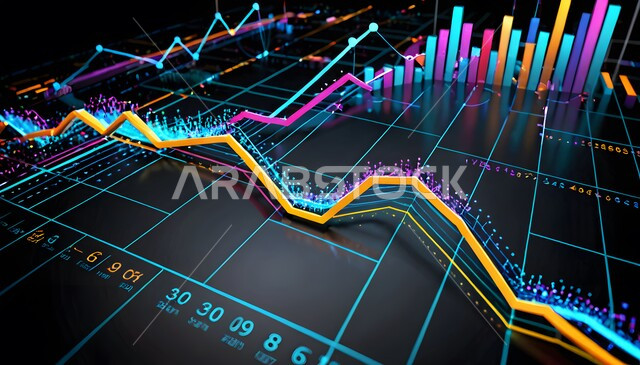 Integrating advanced technology with work, using modern technical devices to monitor the economic market, three-dimensional abstract chart with blue and orange lines, illustrating the rise and fall of the global stock market.