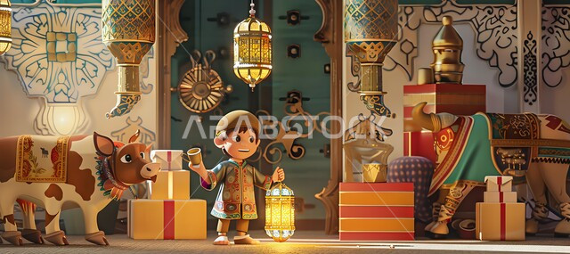 ديكورات وأنوار للاحتفال بالأجواء الروحانية، مجسم لولد صغيريحمل بيده فانوس معدني تقليدي، إضاءة وزينة رمضان المبارك، تحف متميزة ثلاثية الأبعاد، الإحتفال بقدوم شهر الخير، المناسبات والأعياد الدينية الإسلامية