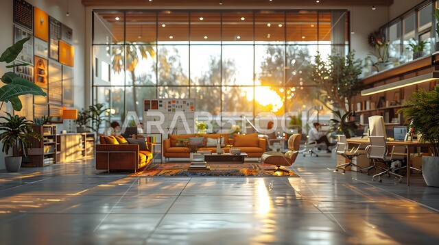  الفن الهندسي المعماري المتطور، غرفة أعمال واسعة مجهزة بالمعدات والأدوات، غرف عمل مكتبية بتصاميم وديكورات داخلية راقية، تصميم عصري حديث لمكاتب الشركات السعودية، واجهة زجاجية كبيرة مطلة على الطبيعة