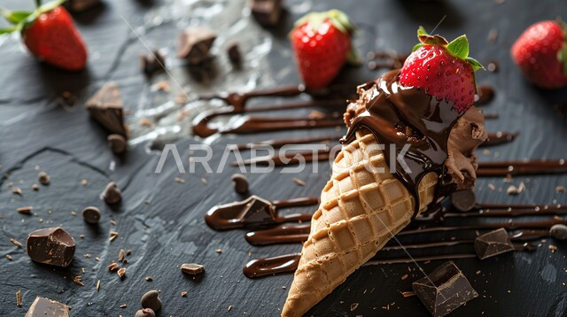 حلويات صيفية باردة, قمع البسكويت مع صوص الشوكولاته والفراولة, مرطبات صيفية شهية, بسكويت الآيس كريم بالشوكولا والفواكه المتنوعة, ايس كريم طازج, خلفية سوداء