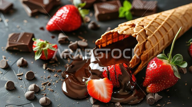 حلويات صيفية باردة, قمع البسكويت مع صوص الشوكولاته والفراولة, مرطبات صيفية شهية, بسكويت الآيس كريم بالشوكولا والفواكه المتنوعة, ايس كريم طازج, خلفية سوداء