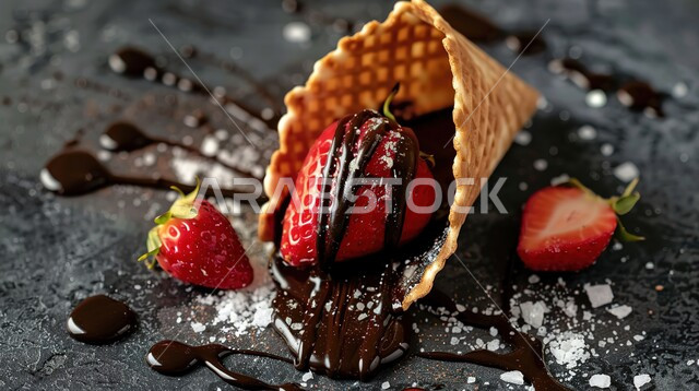 حلويات صيفية باردة, قمع البسكويت مع صوص الشوكولاته والفراولة, مرطبات صيفية شهية, بسكويت الآيس كريم بالشوكولا والفواكه المتنوعة, ايس كريم طازج, خلفية سوداء