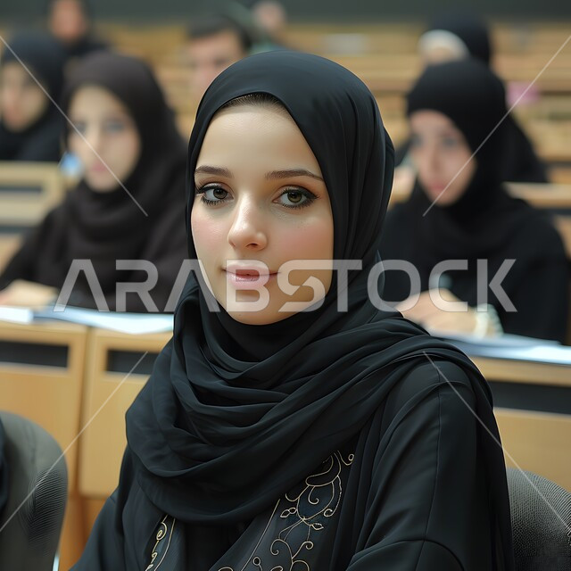 Modern, sophisticated veiled clothes, the concept of femininity and softness, attention to external appearance and elegance, a close-up photo of a smiling veiled Saudi Arabian Gulf woman looking at the camera with gestures of self-confidence.