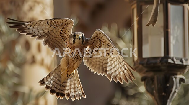 ترويض وتدريب الطيور الجارحة في إحدى المحميات الطبيعية في مدينة دبي,  انتقال إرث الأجداد في تربية الصقور المفترسة عبر الأجيال, رمز التحدي والقوة في الامارات العربية المتحدة, صورة لطائر العوسق يفتح جناحيه بالهواء ويحلق, صقر حاد البصر في الصحاري الاماراتية