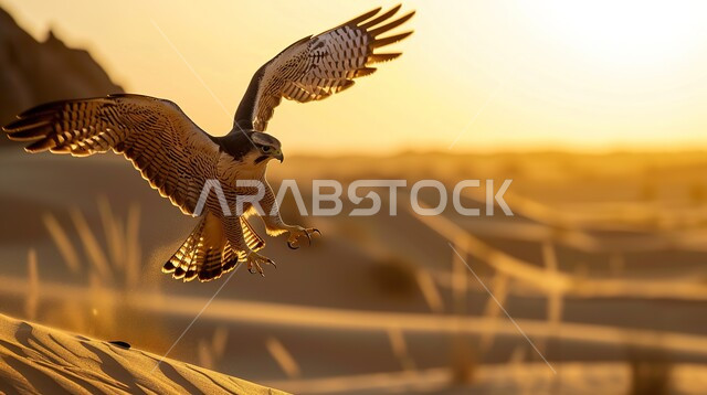 رمز التحدي والقوة في الامارات العربية المتحدة, انتقال إرث الأجداد في تربية الصقور المفترسة عبر الأجيال, صقر حاد البصر في الصحاري الاماراتية، ترويض وتدريب الطيور الجارحة في إحدى المحميات الطبيعية في مدينة دبي, صورة لطائر العوسق يفتح جناحيه ويحلق بالهواء