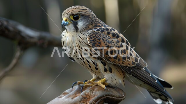 أنثى طائر العوسق تقف على قفاز المدرب، رمز التحدي والقوة في الامارات العربية المتحدة, انتقال إرث الأجداد في تربية الصقور المفترسة عبر الأجيال, صقر حاد البصر في الصحاري الاماراتية، ترويض وتدريب الطيور الجارحة في إحدى المحميات الطبيعية في مدينة دبي 