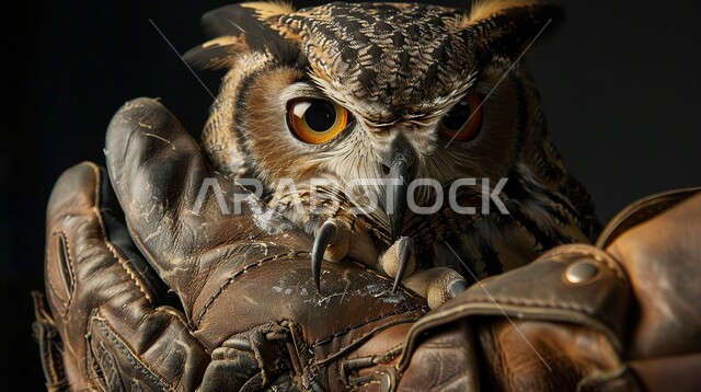  البوم المفترس حاد البصر, صورة مقربة لطائر البومة النسارية الصحراوية تقف على قفاز المدرب, صيد الطيور الجارحة في الصحاري الاماراتية, ترويض الحيوانات البرية في الامارات العربية المتحدة, إنشاء المحميات الطبيعية والمزارع للحفاظ على الثروة الحيوانية